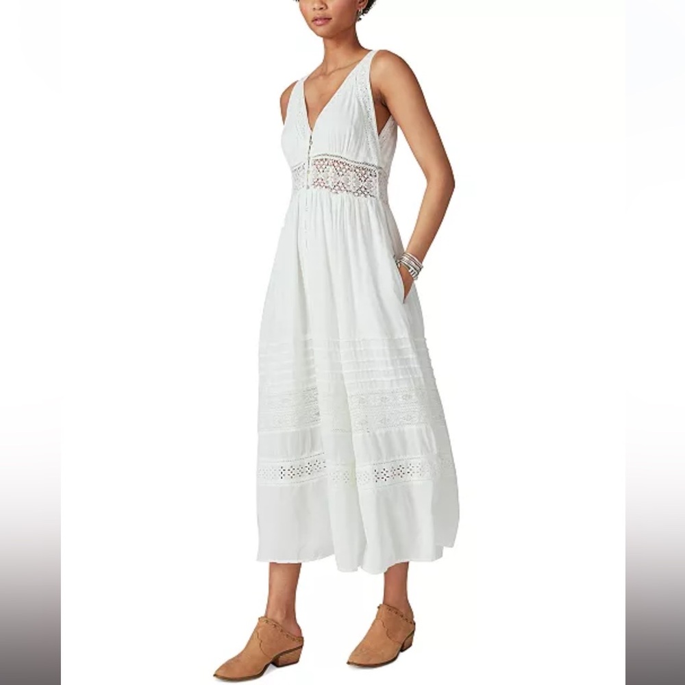 Sz XS EUC Lucky Brand white lace v neck button front summer dress with pockets - Picture 2 of 9